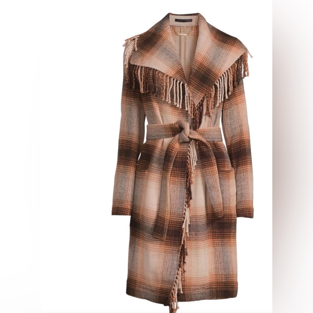 ELIE TAHARI BROWN TAN PLAID FRINGE
EDGE OPEN FRONT COAT WITH BELT LARGE - Picture 8 of 8